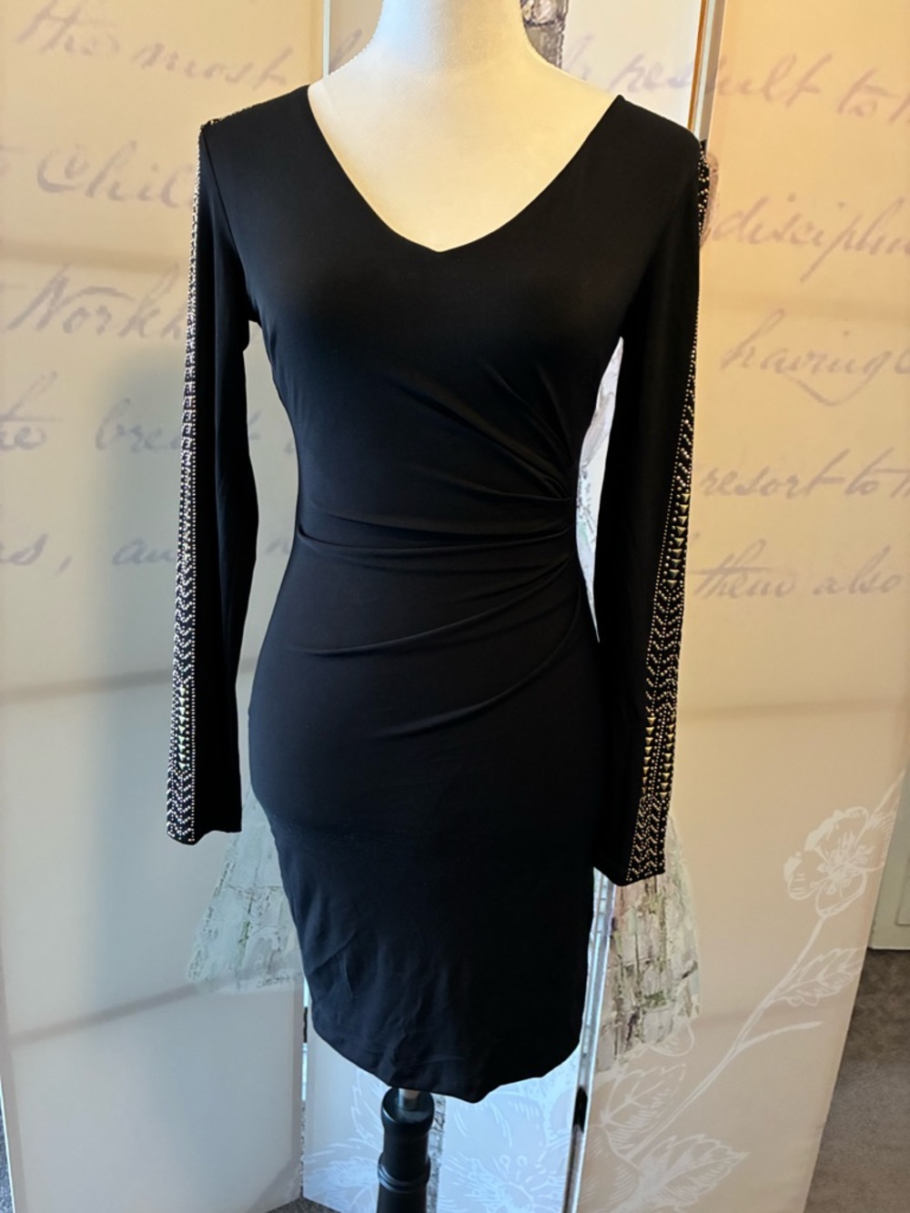 Guess Black Long-Sleeve V-Neck Sheath Dress with Gold Embellished Sleeves